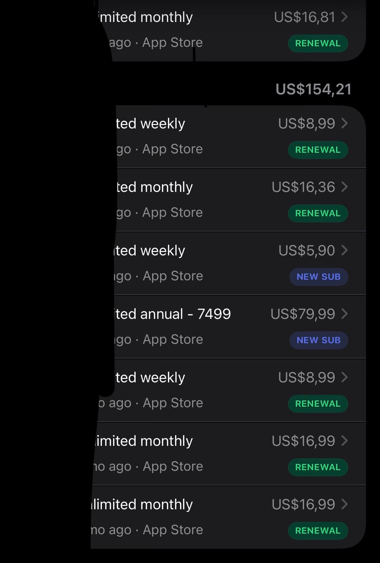RevenueCat transaction screenshot showing subscription renewal and new subscription activity.
